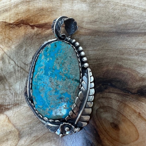 Boho South Western Fern Leaf Sterling Silver & Turquoise Large Pendant 🌿 - Picture 6 of 13